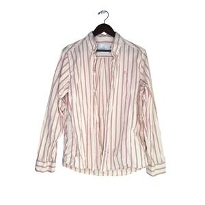 Les Deux‎ Kristian Stripe Shirt 100% Cotton Minimalist Mens L Red Cream Nautical